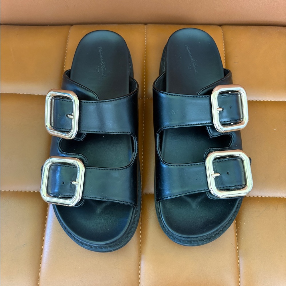 Women’s Black Double Buckle Slide Sandals